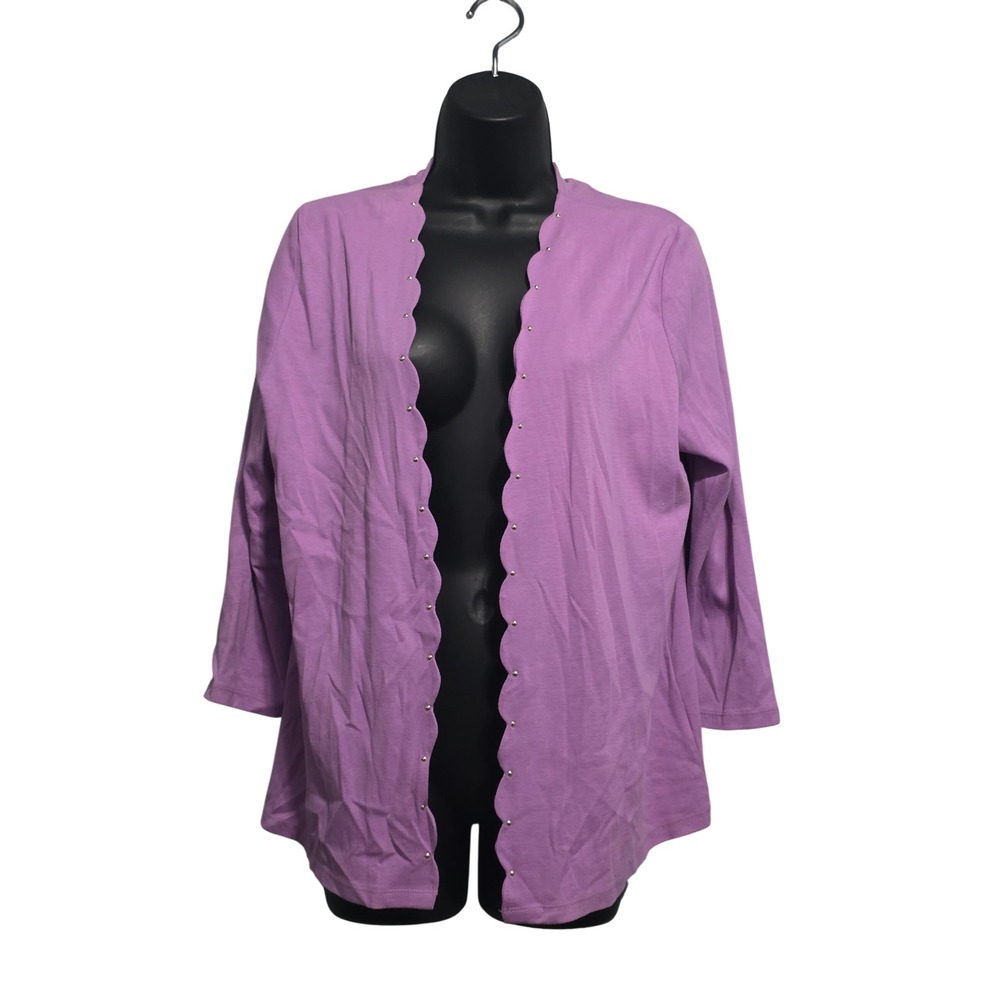 Rafaella Womens African Violet Scalloped Studded Open Cardigan Size Large